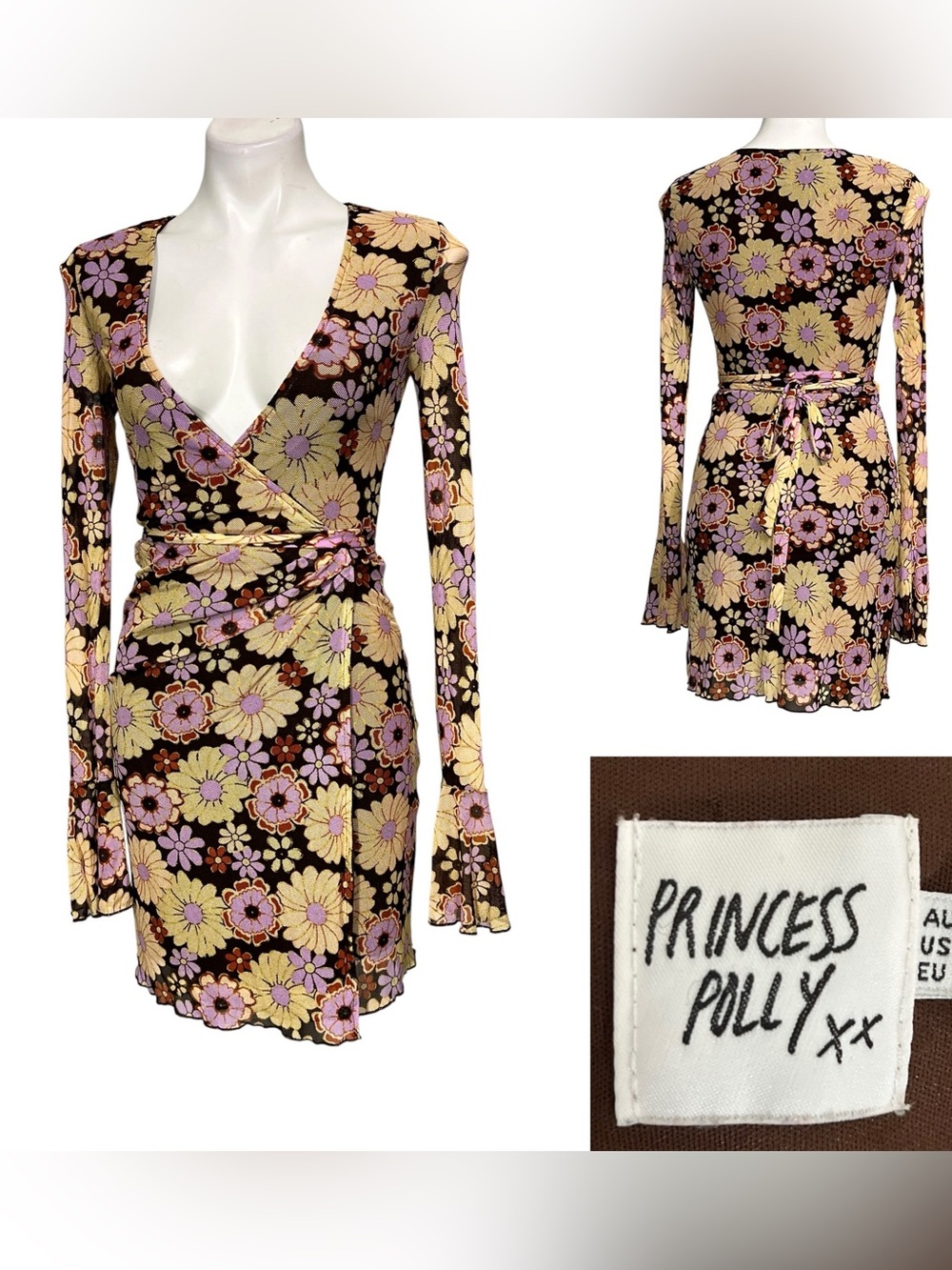 Princess Polly Wrap dress Sz 8 Mini Brown Floral long sleeve retro 90s Y2K
